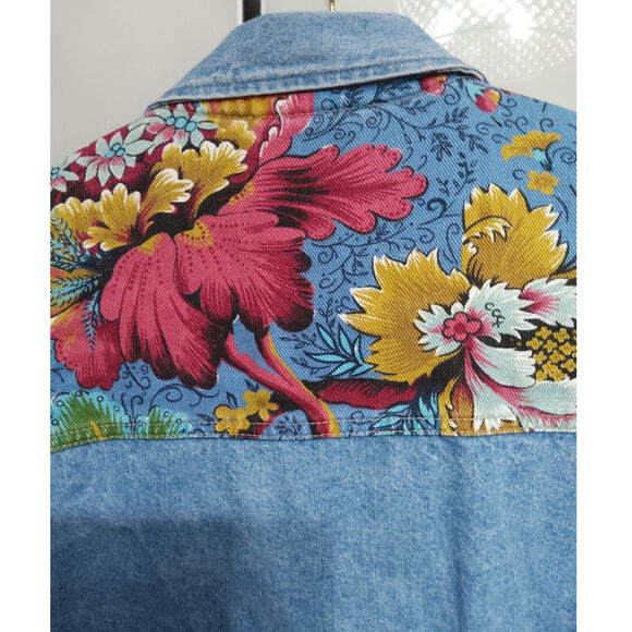 Vintage 80s 90s American Dungaree chambray denim jacket floral tapestry womens L - Picture 2 of 10